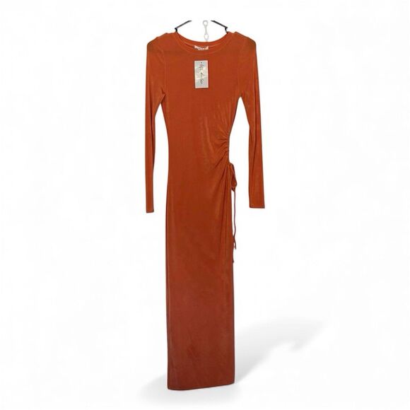 NWT 12th Tribe Women’s Orange Maxi Dress Size Medium Long Sleeve Bodycon Slit - Picture 1 of 9